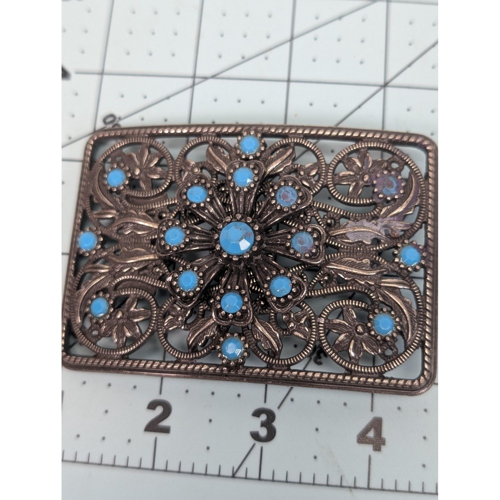 Bronze Floral Filigree Belt Buckle Womens Turquoise Blue Stones Rectangular